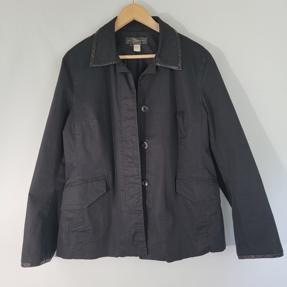Banana Republic Women Cotton Blend Black Mid-Length Leather Trim Jacket Size L - Picture 1 of 12
